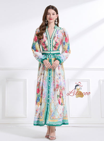 Retro Printed Deep V-neck Breasted Slim Dress