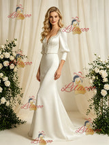 Ivory Satin Long Sleeve Beading Wedding Dress
