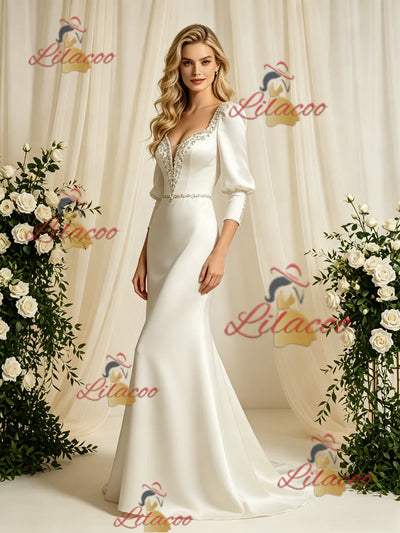 Ivory Satin Long Sleeve Beading Wedding Dress