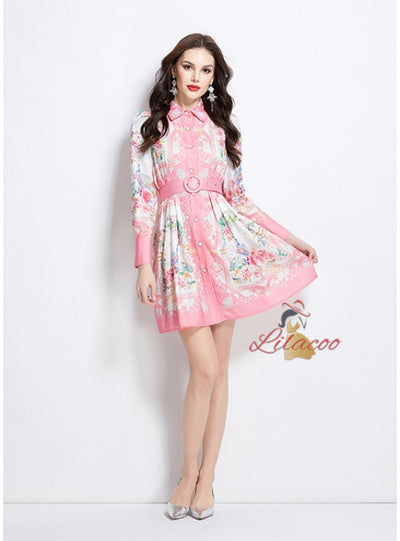 Retro Lapel Button Printed Dress