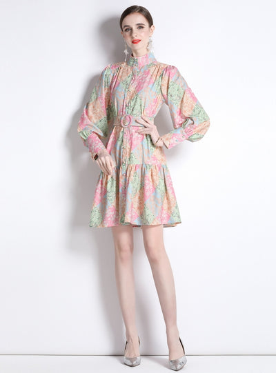 Stitching Printed Long Sleeve Slim Retro Dress