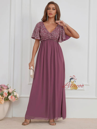 V-neck Sequined Chiffon Dress