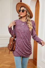Solid Color Round Neck Twisted Long Sleeve T-shirt