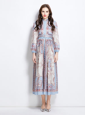 Retro Breasted Print Long Sleeve Dress