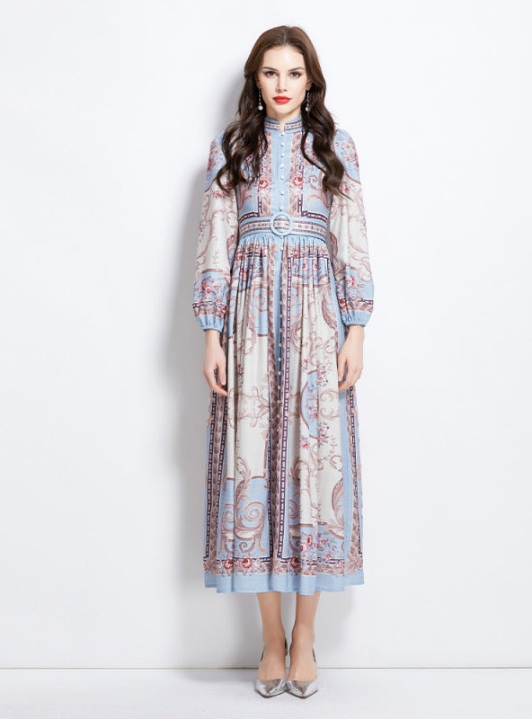 Retro Breasted Print Long Sleeve Dress