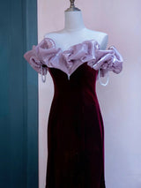 Burgundy Mermaid Velvet Beading Prom Dress