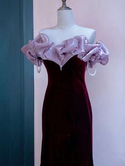 Burgundy Mermaid Velvet Beading Prom Dress