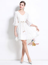 V-neck Slim Waist Big Swing Dress