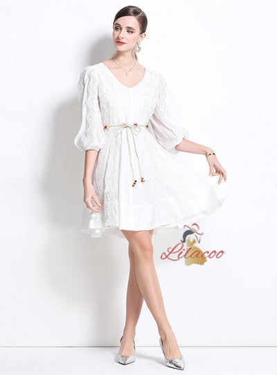 V-neck Slim Waist Big Swing Dress