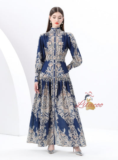 Retro Printed Lantern Sleeve Dress