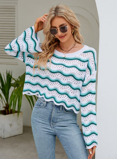 Long Sleeve Round Neck Knitted Striped Sweater