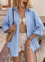 Loose Polo Neck Striped Shirt Top