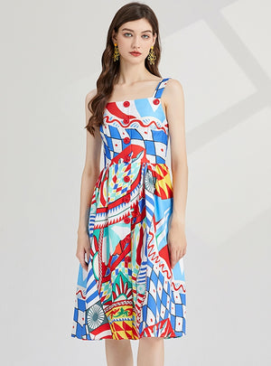 Printed Suspender Slim High Waist A-line Dress