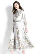 Retro Lapel Lantern Sleeve Printed Dress