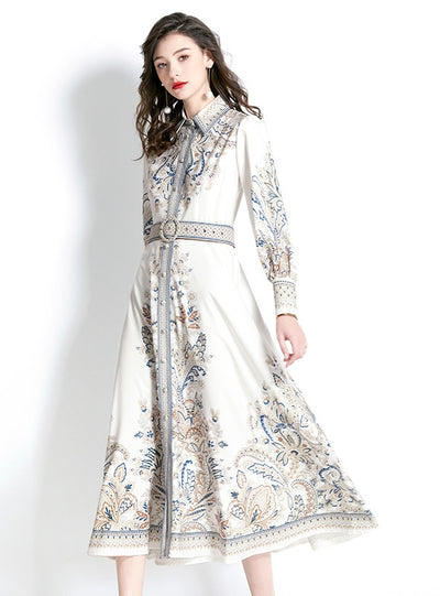 Retro Lapel Lantern Sleeve Printed Dress