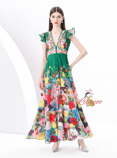 Flying Sleeve V-neck Slim Waist Printed Dress