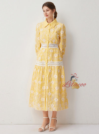 Long Sleeve Button Lace Dress