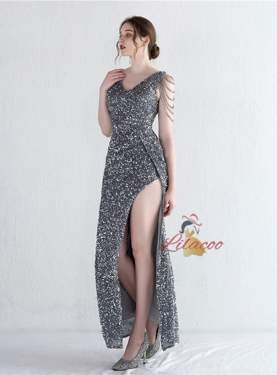 V-neck Sequins Beading Split Prom Dress