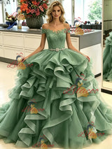 Green Tulle Off the Lace Prom Dress