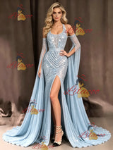 Blue Mermaid Sequins Halter Prom Dress