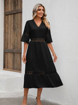 Solid Color V-neck Openwork Loose Dress