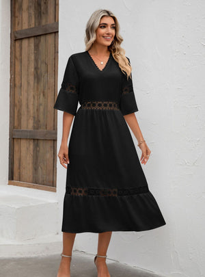 Solid Color V-neck Openwork Loose Dress