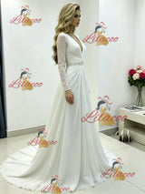 White Chiffon V-neck Pleats Beading Wedding Dress