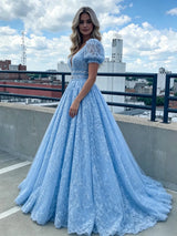Blue Lace Puff Sleeve Prom Dress