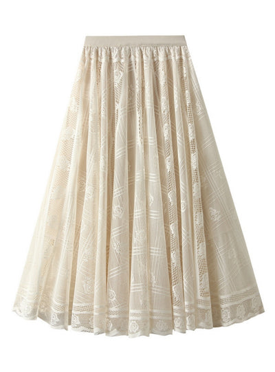 Women Pleated Mesh Lace Skirt