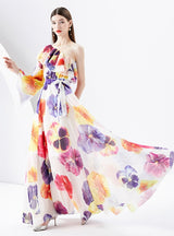 One Shouldered Chiffon Floral Dress