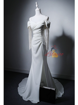 White Mermaid Long Sleeve Pleats Wedding Dress