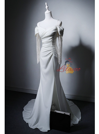 White Mermaid Long Sleeve Pleats Wedding Dress
