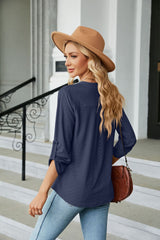 Solid Color V-neck Button Loose T-shirt