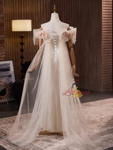 Sexy Light Champagne Tulle Flower Wedding Dress