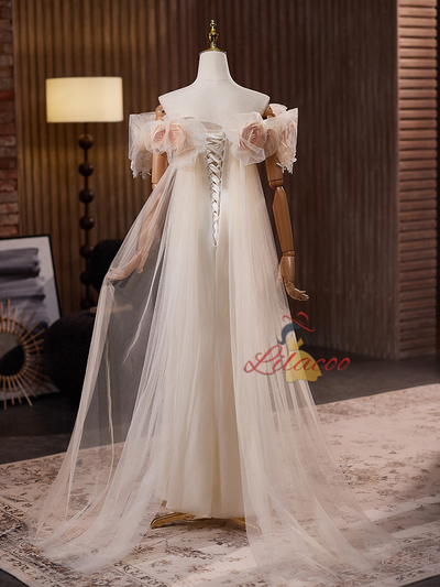 Sexy Light Champagne Tulle Flower Wedding Dress