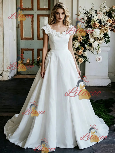 White Satin Flower Wedding Dress