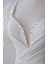 White Satin Puff Sleeve Pearls Wedding Dress