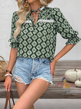 Ruffled Short Sleeve Geometric Printed Shirt