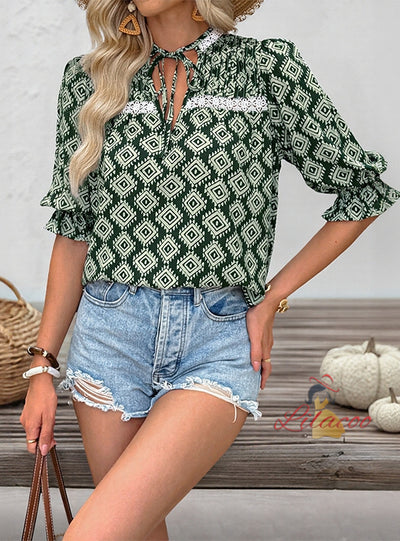 Ruffled Short Sleeve Geometric Printed Shirt