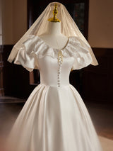 White Satin Puff Sleeve Button Wedding Dress
