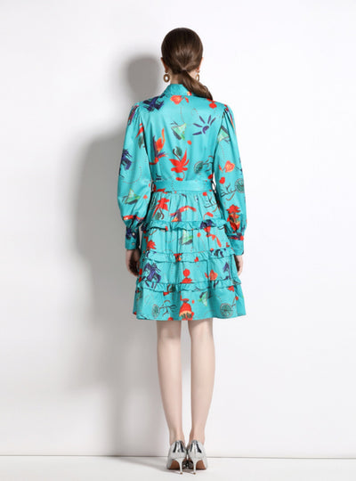 Lapel Puff Sleeve Ruffled Printed Dress