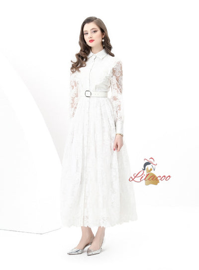 Retro Breasted Slim Waist Lace Dress