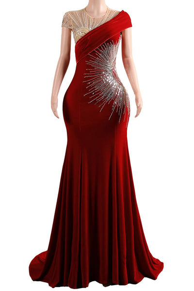 Navy Blue Mermaid Velvet Sequins Beading Prom Dress