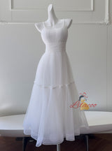 White Tulle Spaghetti Straps Pleats Prom Dress