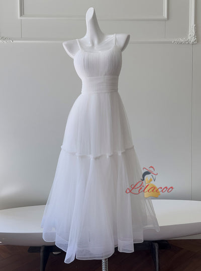 White Tulle Spaghetti Straps Pleats Prom Dress