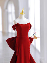 Burgundy Velvet Off the Shoulder Crystal Prom Dress