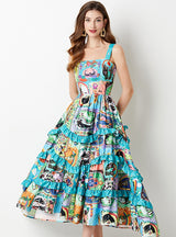 Printed Wood Ear Slim Long Retro Suspender Dress