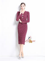 V-neck Slim Waist Lace Long Sleeve Dress