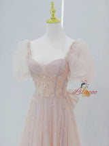 Pink Tulle Puff Sleeve Beading Prom Dress