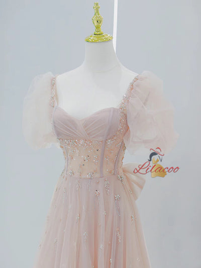 Pink Tulle Puff Sleeve Beading Prom Dress